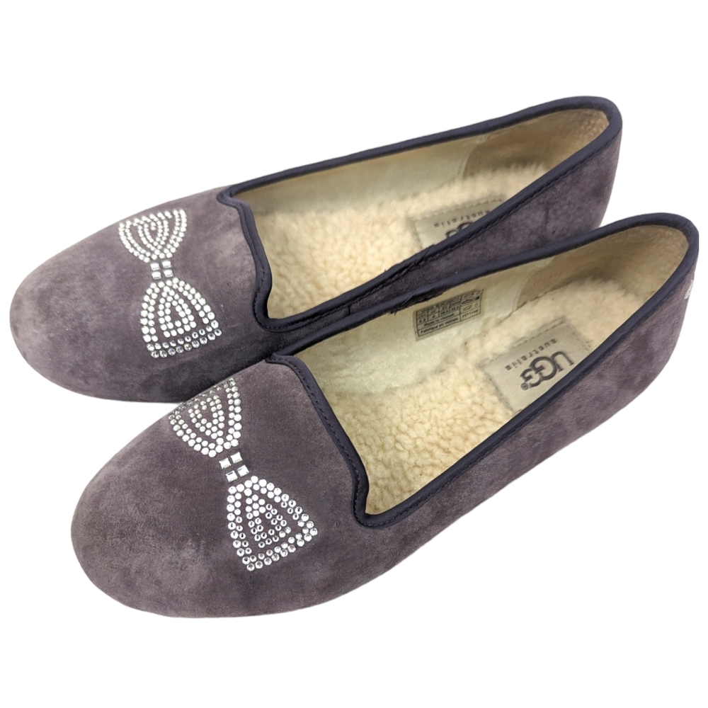 UGG Shearling Lined Suede Flats Shoes Womens 5.5 Lavender Purple Rhinestone Bow